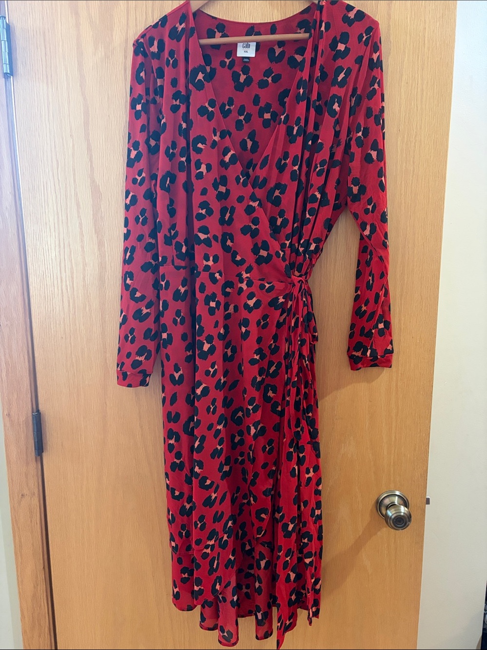 CAbi Red and Black Leopard-Print Midi Wrap Dress